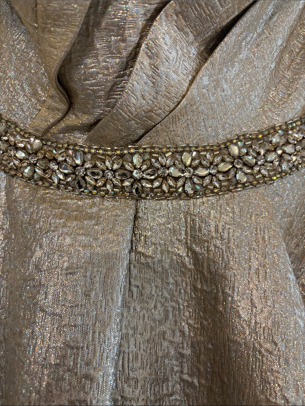 Mac Duggal Champagne Metallic Strapless Evening Gown with Beaded Waist - Picture 3 of 4
